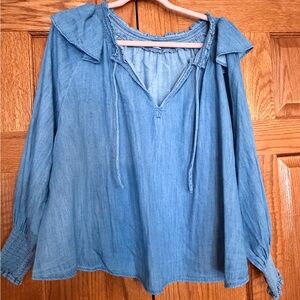 Old Navy Blue Denim Blouse with Ruffled Collar